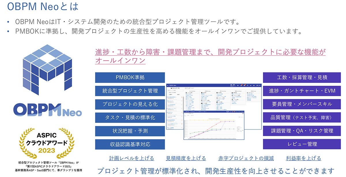 OBPM Neoは、IT企業を中心としたプロジェクト型ビジネスをサポートする統合型プロジェクト管理ツール イメージ