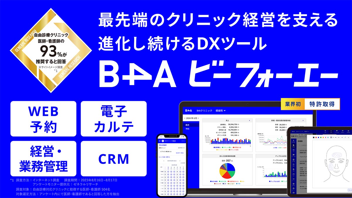 B4Aは、院内のリソース管理・予約管理・CRMをワンストップに行える、自由診療クリニック特化型のDXツール イメージ