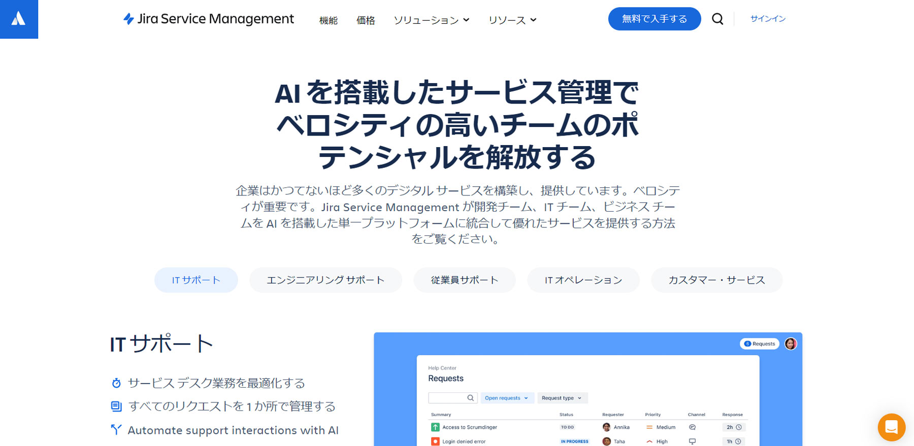 Jira Service Management公式Webサイト