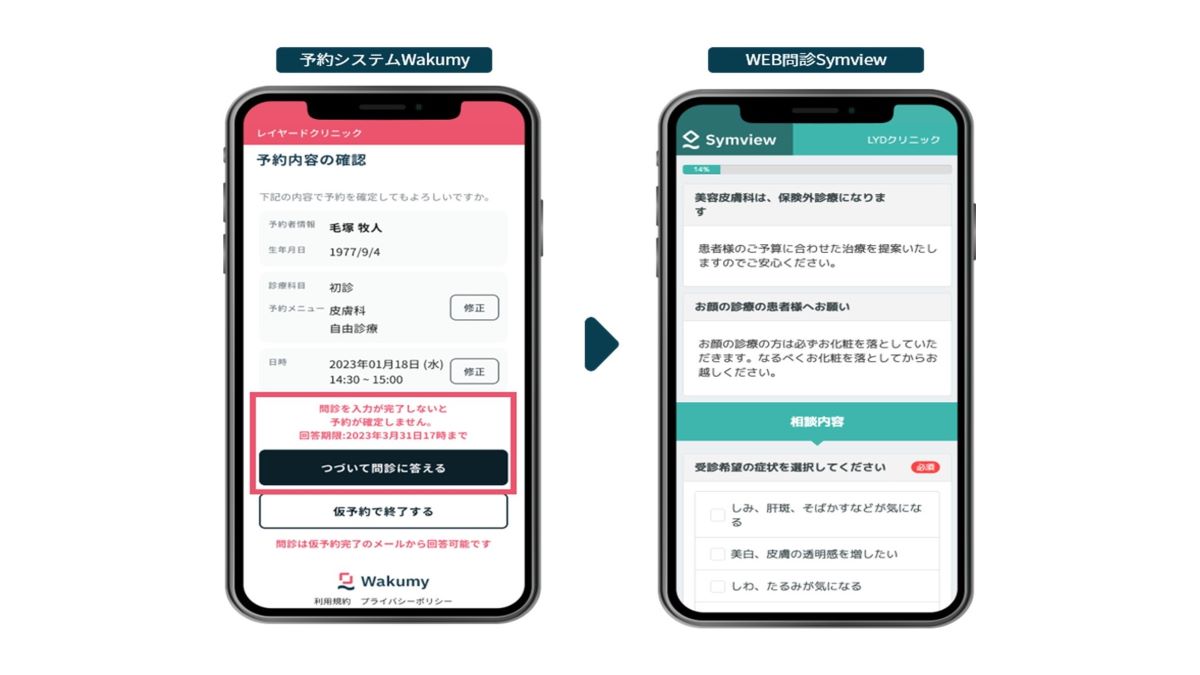 Web問診「Symview」と完全連携し、予約時の問診必須設定が可能