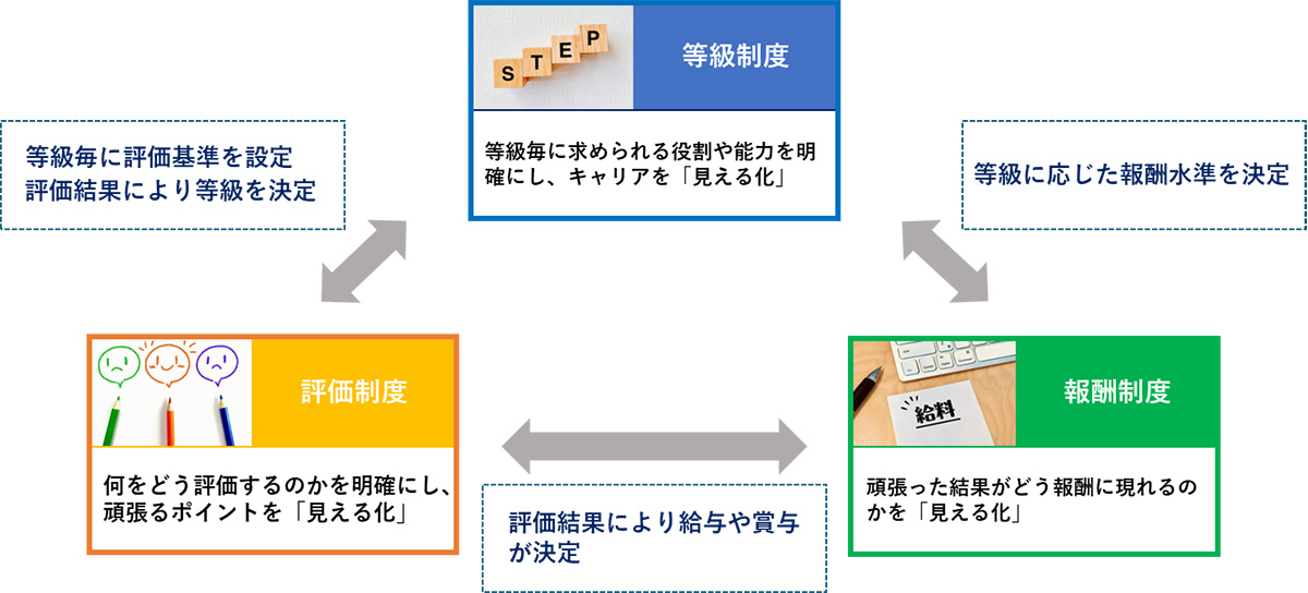 人事評価制度構築にあたり、評価・等級・報酬の3方向から評価を可視化することで、適切かつ納得感のある給与決定を支援