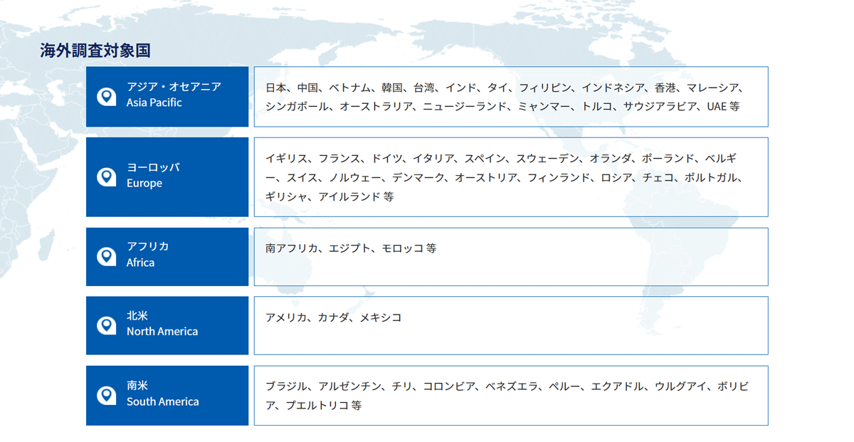 アジア、北米、中南米、欧州、アフリカ、中東など、世界130カ国に調査パネルのネットワークを保有